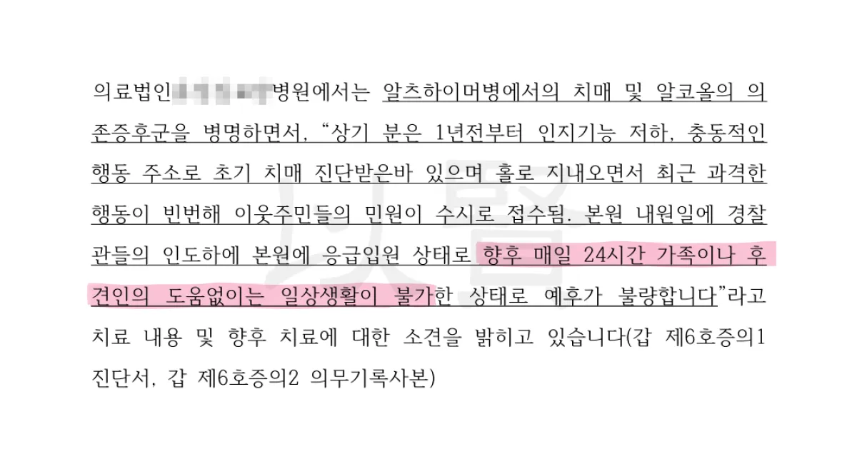 법무법인 이현이 작성한 성년후견 개시 심판청구이유 중 발췌