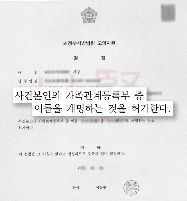 개명 허가 신청 후 받은 결정문