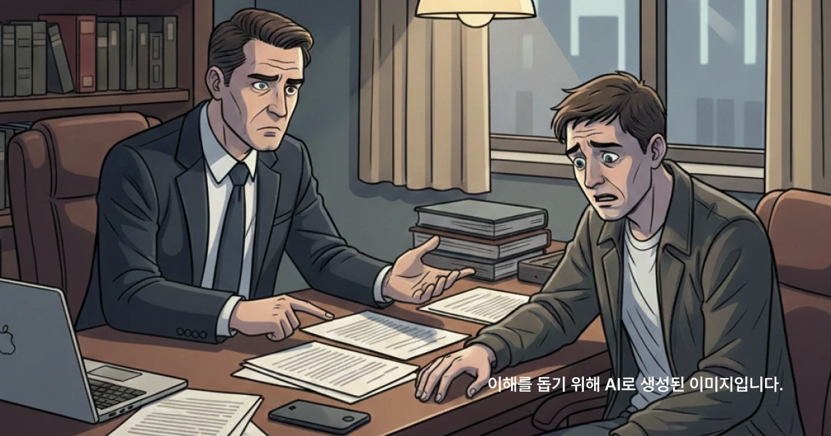 노트북에 표시된 화면을 보고 겁에 질린 채 변호사 상담을 받고 있는 남자