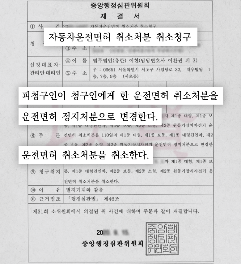 음주운전 면허취소 구제 성공 재결서