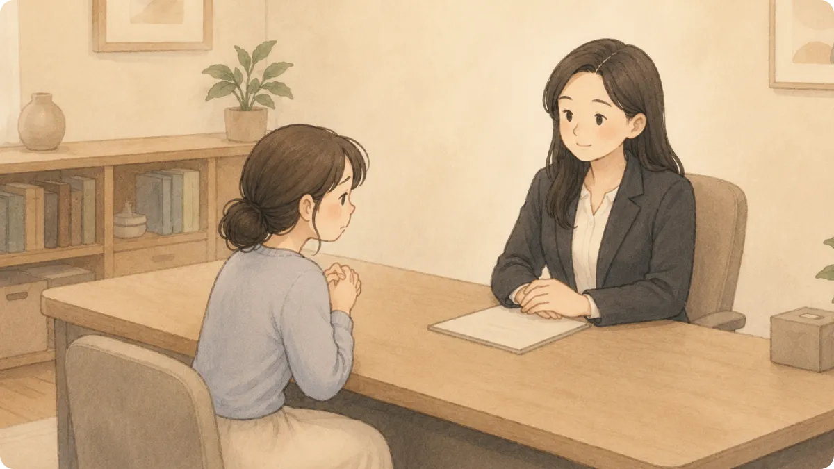 배우자 한정후견을 상담하기 위해 법무법인 상담 테이블에서 변호사와 마주 앉은 의뢰인을 그린 웹툰 장면