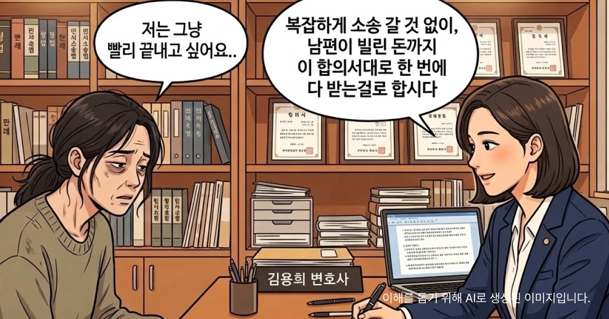 이혼 소송에 지친 의뢰인에게 합의서대로 한 번에 다 받자고 제안하는 이현 변호사