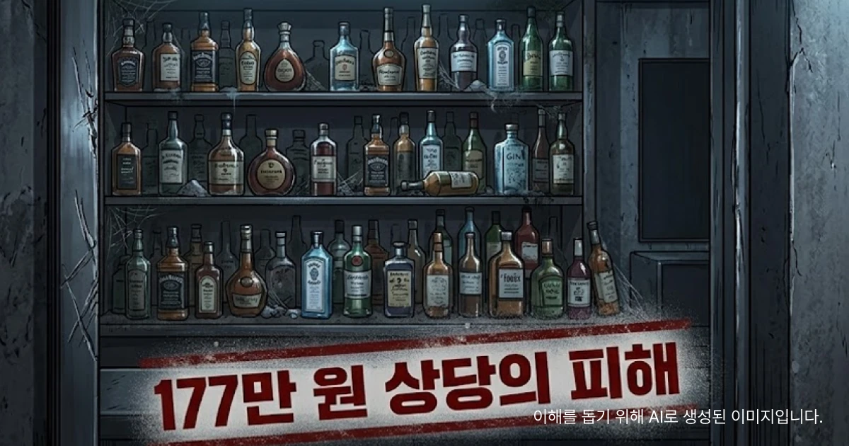 특수절도 집행유예 사례인 양주가 많이 쌓여있고 앞에 “177만 원 상당의 피해”가 적힌 이미지