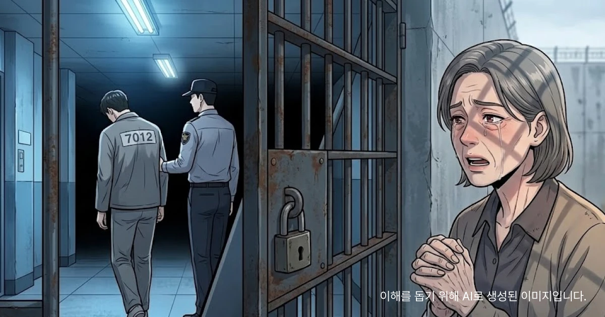 집행유예 기간 중 범죄로 죄수복을 입고 감옥으로 들어가는 남자의 모습, 늙은 어머니가 감옥밖에서 눈물을 흘리는 모습