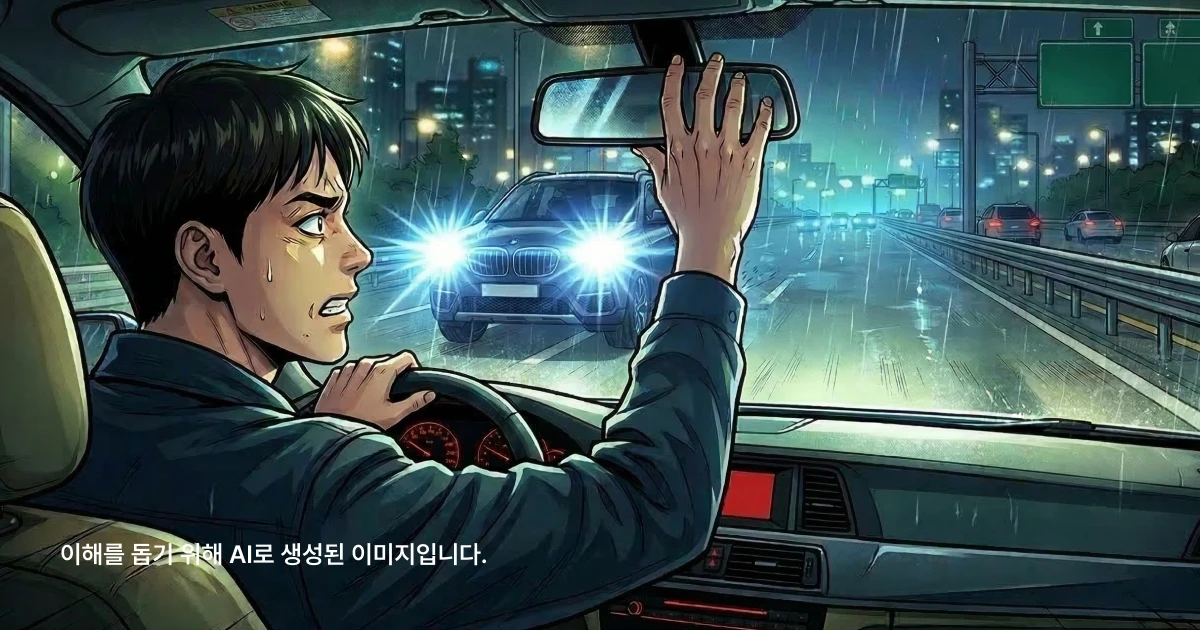 앞차의 상향등으로 눈이 부신 운전자의 모습