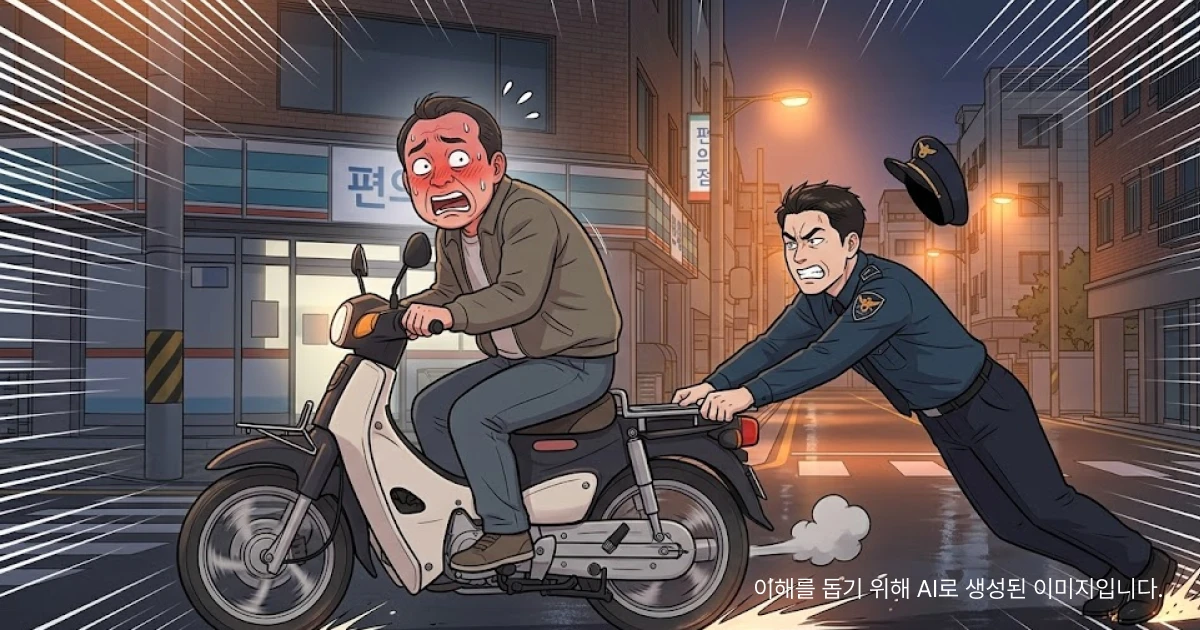 특수공무집행방해 사례 얼굴이 빨간 남자가 당황해 하는 표정으로 스쿠터를 타고 주행하는데 경찰이 스쿠터 뒷쪽을 붙잡고 매달려 있는 모습