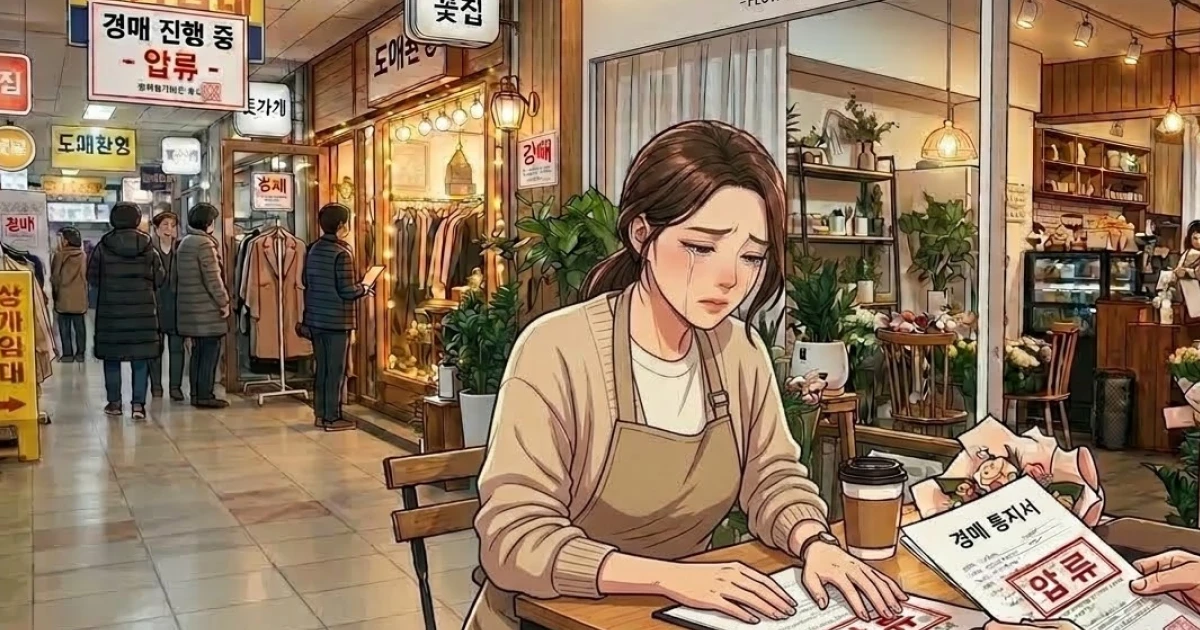 상가 경매 임차인이 통지서를 받고 충격 받아하는 장면