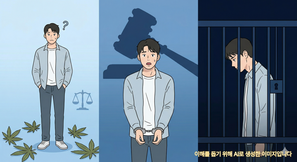 대마초 행위 유형별 처벌 수위를 단계적으로 보여주는 웹툰 형식 일러스트. 소지·사용에서 매매·제조, 수출입으로 갈수록 형량이 무거워지는 과정을 인물의 표정 변화로 표현.
