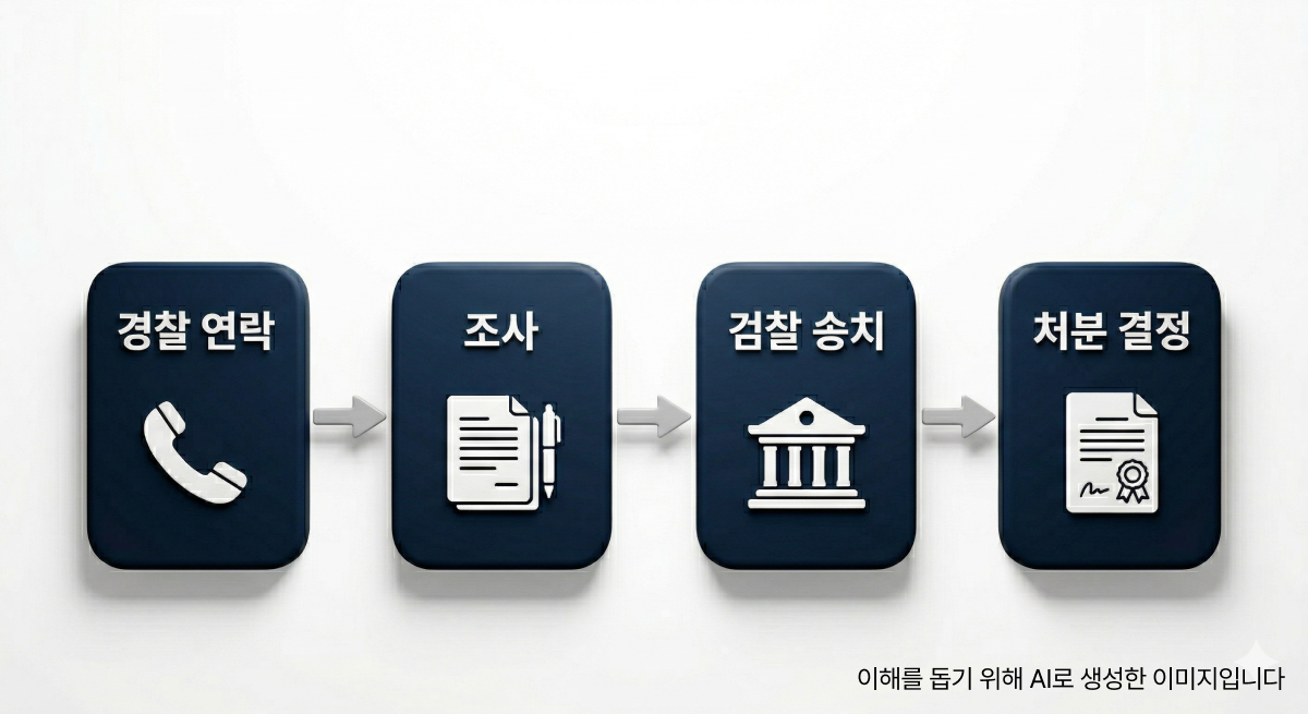 대마초 사건 수사 절차 흐름도. 경찰 연락부터 조사, 검찰 송치, 처분 결정까지 4단계를 화살표로 연결한 인포그래픽.