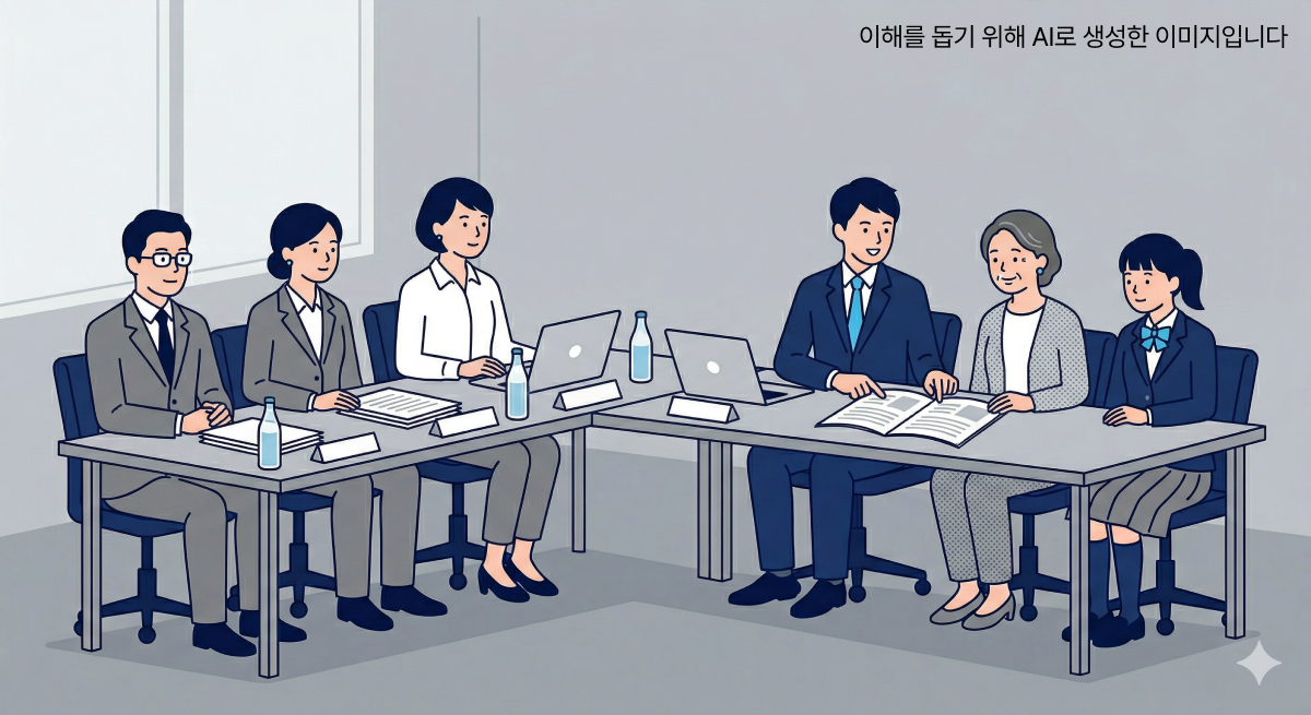 학폭위 심의 장면을 보여주는 일러스트. 학부모가 변호사와 함께 심의위원들 앞에서 의견을 진술하고 있는 모습