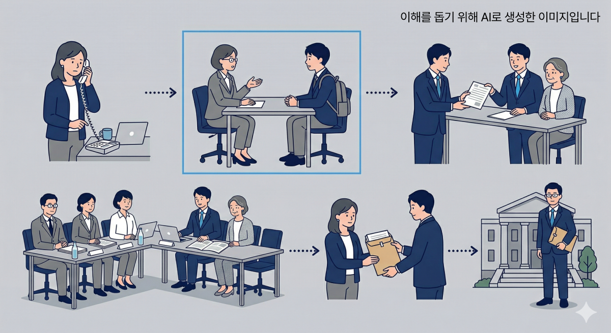 학교폭력 사건 처리 절차를 신고부터 불복까지 다섯 단계로 보여주는 일러스트. 학교 자체 조사 단계가 핵심 준비 시점으로 강조되어 있음