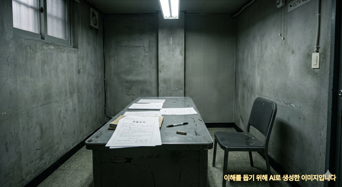 경찰 조사 경찰 조사실 책상 위에 진술조서 서류와 볼펜이 놓여 있는 장면