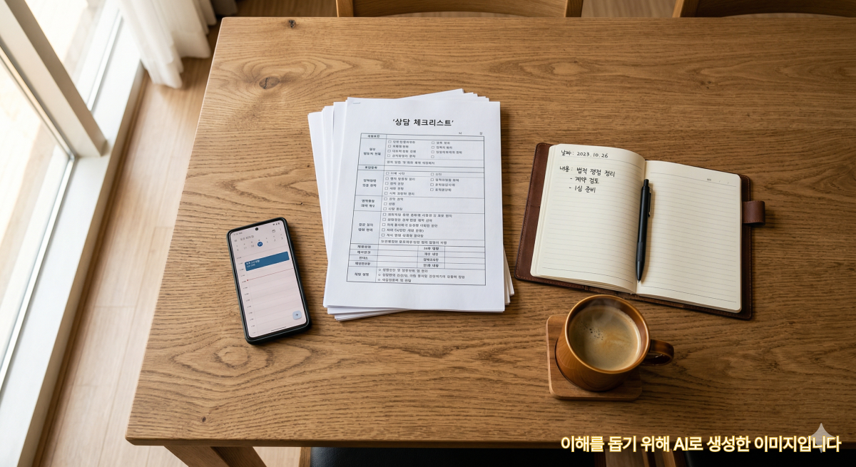상담 전 체크리스트 변호사 상담 전 준비한 체크리스트 서류와 스마트폰이 테이블 위에 놓여 있는 장면
