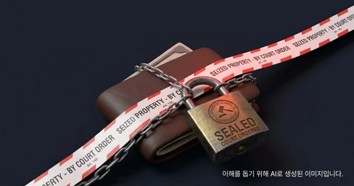 절도죄에 대한 법적 제재를 상징하는 쇠사슬과 자물쇠로 단단히 봉인된 가죽 지갑 이미지