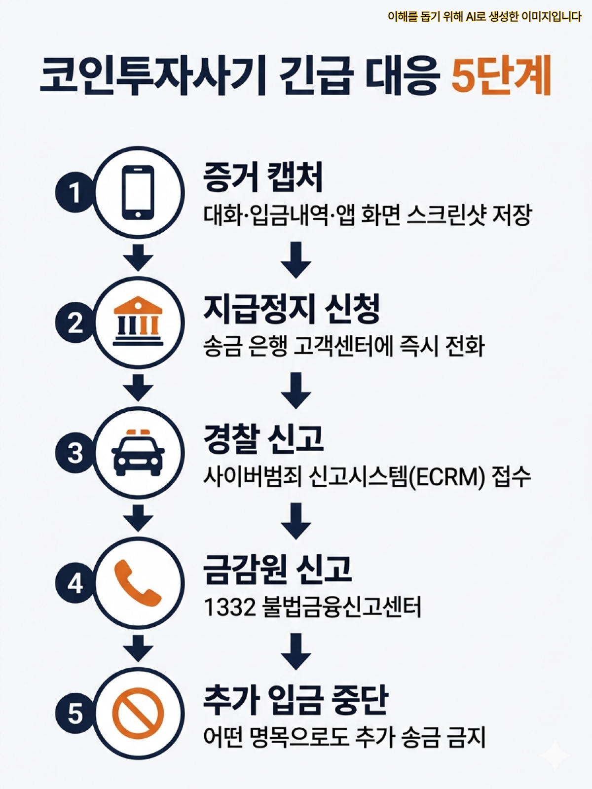 코인투자사기 피해 직후 긴급 대응 5단계 순서도 - 증거 캡처, 지급정지 신청, 경찰 신고, 금감원 신고, 추가 입금 중단