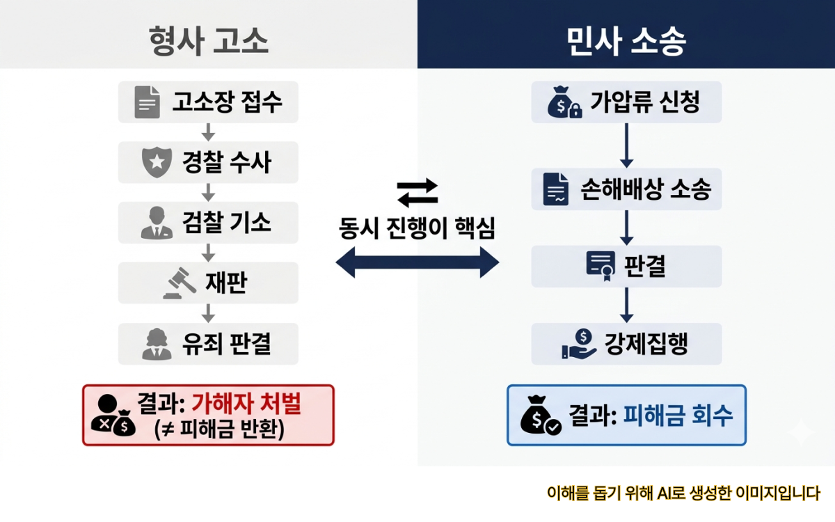 코인투자사기 형사 고소와 민사 소송 비교 - 형사 고소는 가해자 처벌, 민사 소송은 피해금 회수 절차