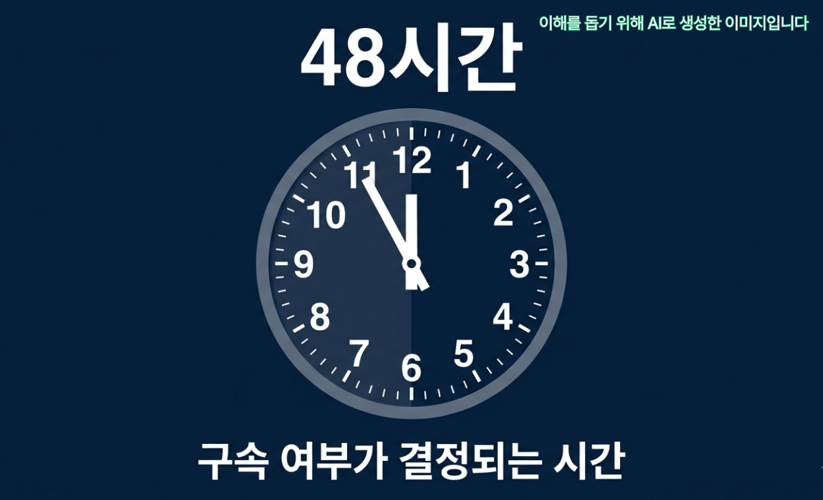 긴급체포 후 48시간 이내에 구속 여부가 결정됨을 나타내는 시계 이미지