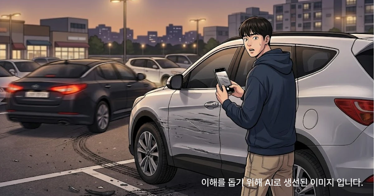 피해자가 스마트폰으로 파손 부위를 촬영하는데 이미 떠나버린 차량의 뒷모습을 보고 당황해하는 이미지