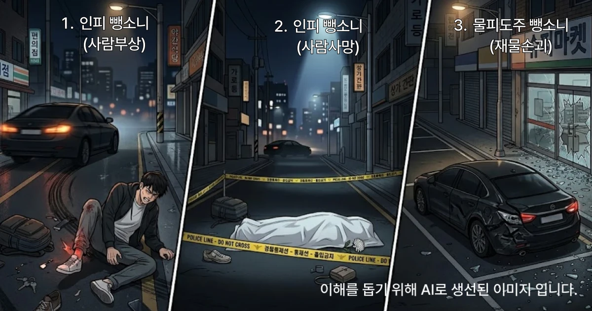 인피 뺑소니 (사람 부상), 인피 뺑소니 (사람 사망), 물피 뺑소니 (재물 손괴)를 나타내는 이미지