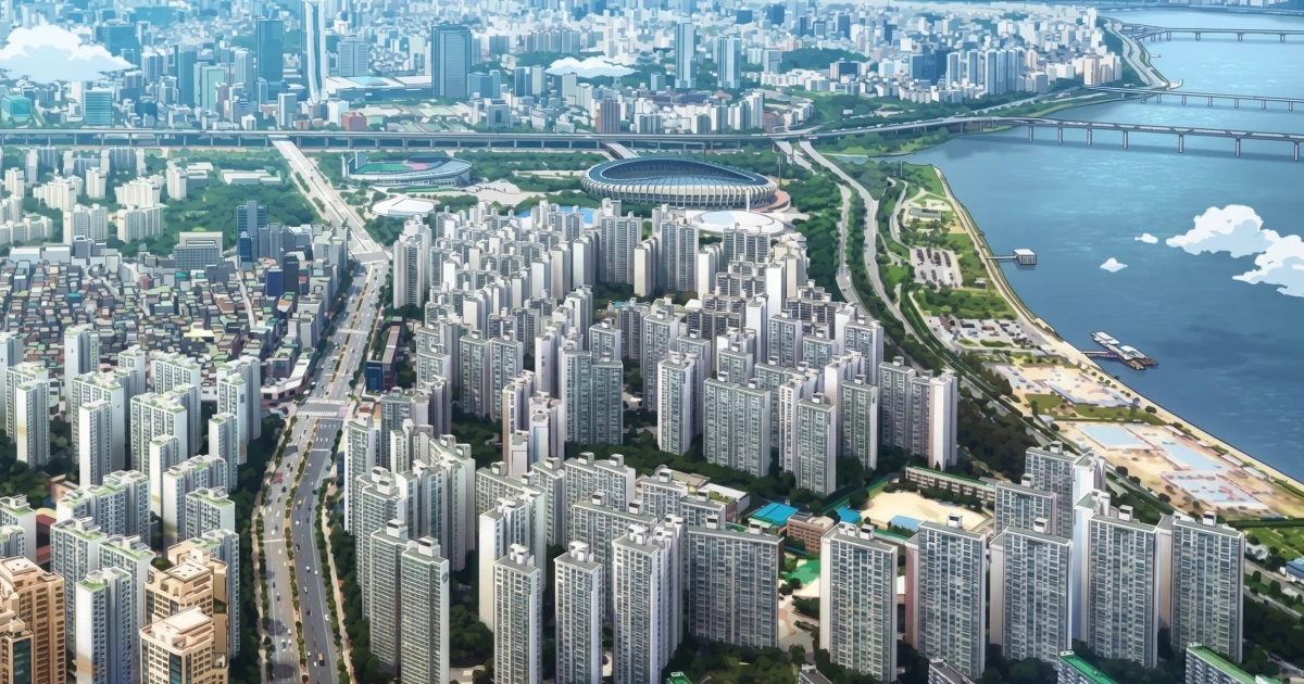 부동산 매매의 가이드를 보여주고자 나타난 아파트등 많은 건물들의 이미지