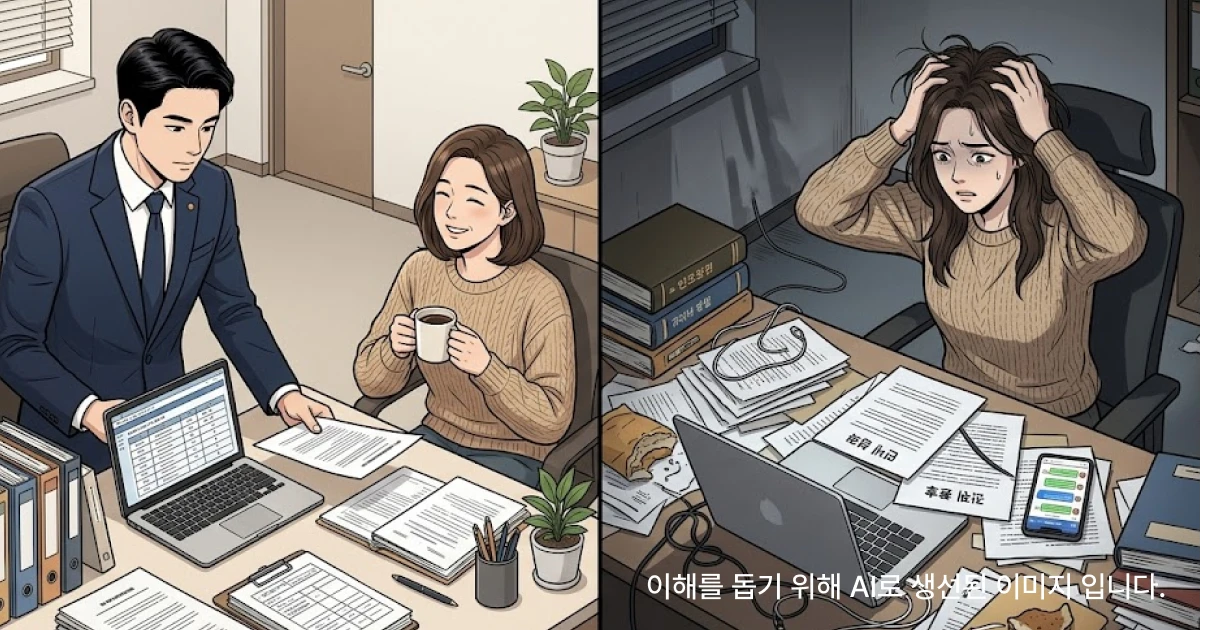 좌측은 변호사를 선임했을때의 평온함을 보여주는 이미지고 우측은 홀로 소송 진행할때 힘들어하는 이미지