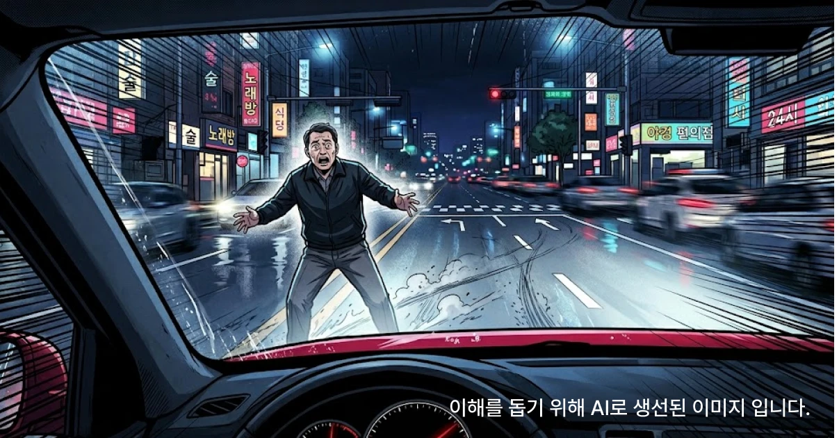 교통사고 사례중 하나인 주행 중인 차량 앞으로 보행자가 갑자기 차도로 뛰어드는 장면