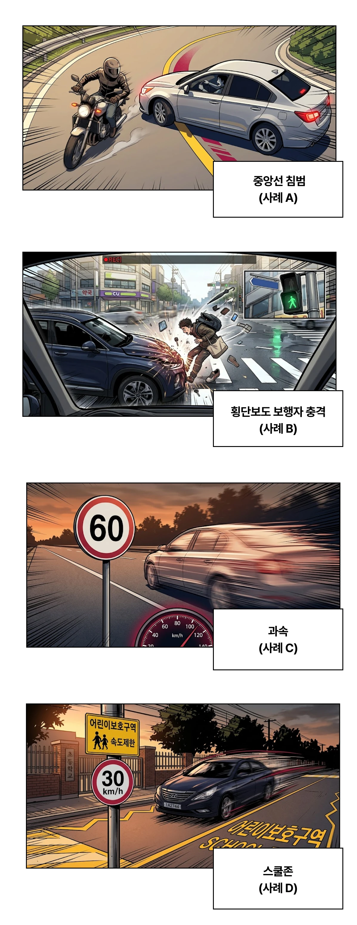 교통사고 12대 중과실 사례를 나타내는 4컷 이미지