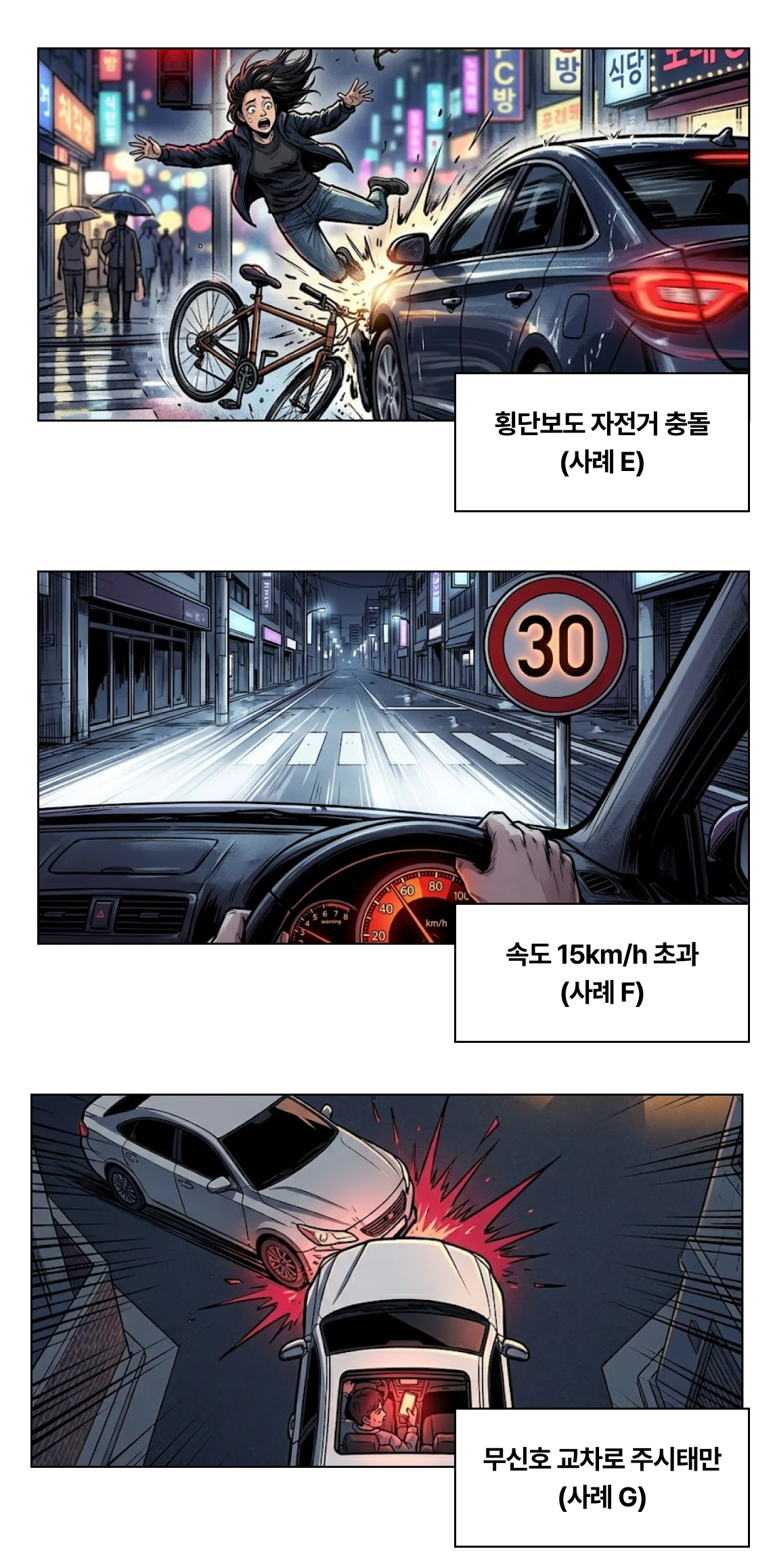 교통사고 12대 중과실 사례를 나타내는 3컷 이미지