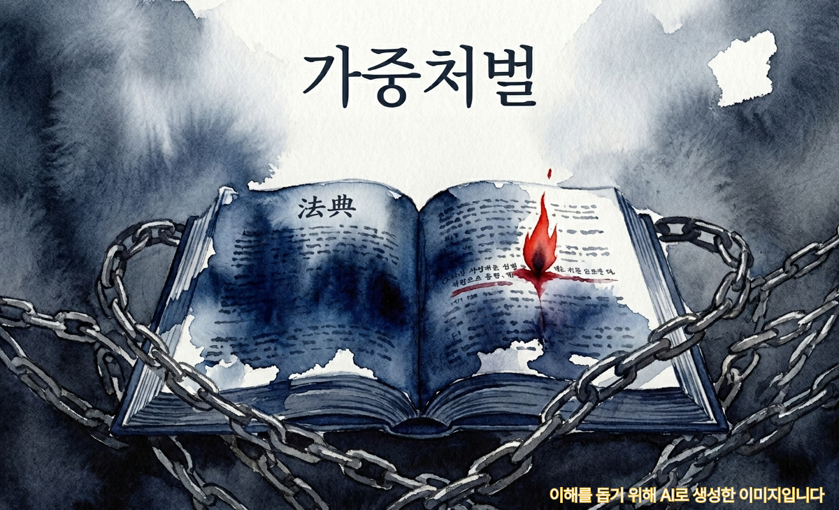 가중처벌 펼쳐진 법전 위로 짙은 색 물감이 번지고, 붉은 포인트와 사슬 형태가 겹겹이 더해지며 가중처벌 조항의 무게를 표현한 일러스트