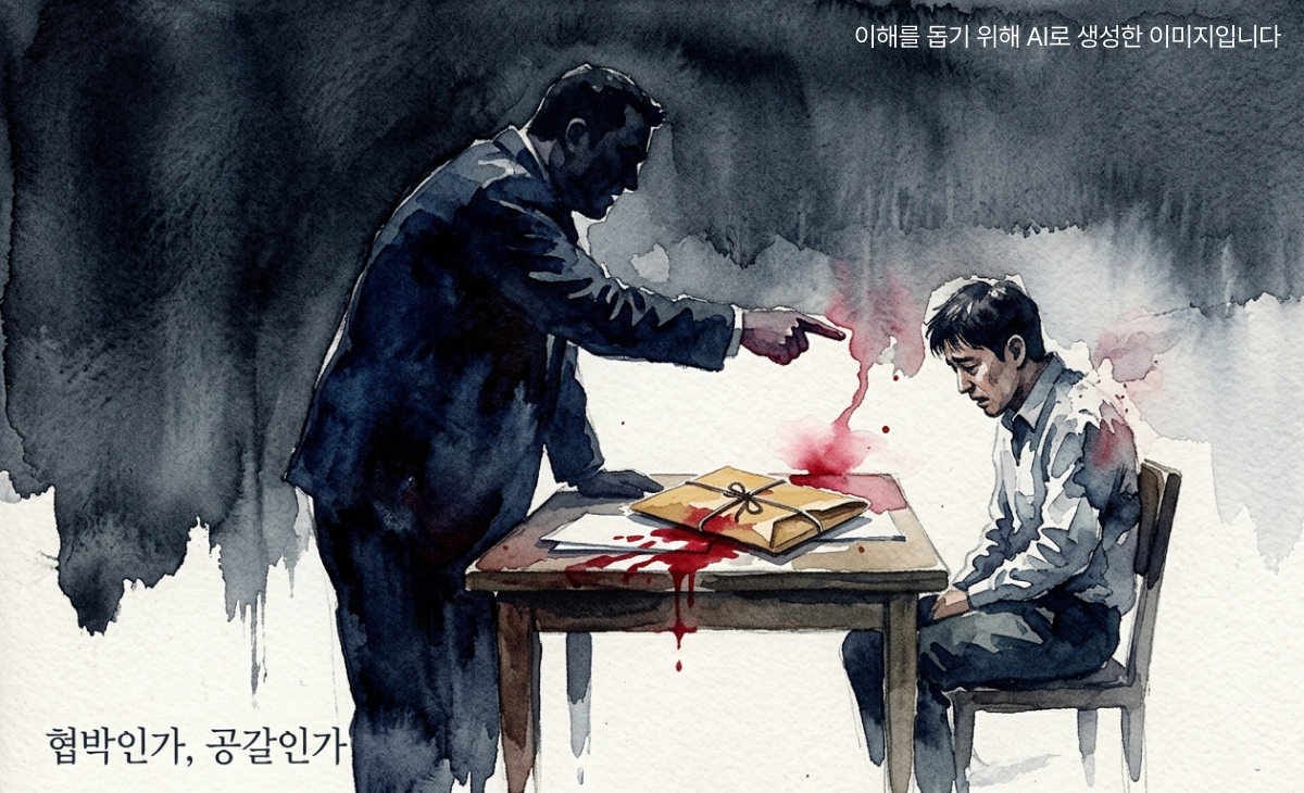 협박vs공갈 위압적인 인물이 테이블 너머 움츠린 상대방을 손가락으로 위협하고, 두 사람 사이 테이블 위에 현금 봉투가 놓인 장면
