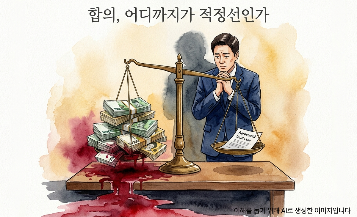 합의 한쪽이 지나치게 기울어진 양팔 저울 앞에서 정장 차림의 인물이 양손을 뻗지 못하고 멈춰 서 있는 장