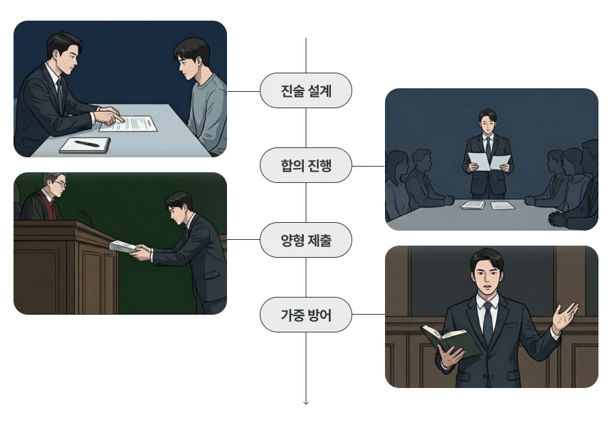 가해자 측 입장에서 변호사 선임할 경우 변호사가 하는 역할을 나타낸 이미지