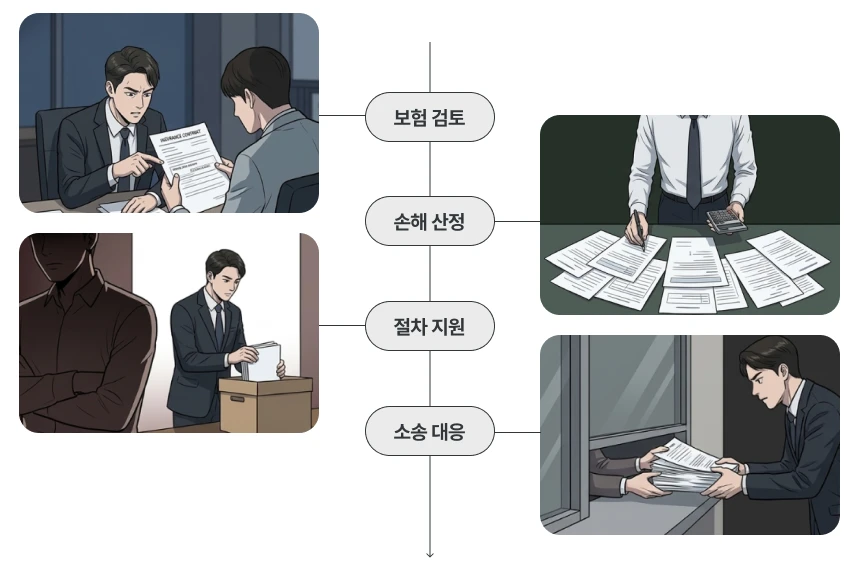 피해자 측 입장에서 변호사를 선임할 경우 변호사가 하는 역할을 나타낸 이미지