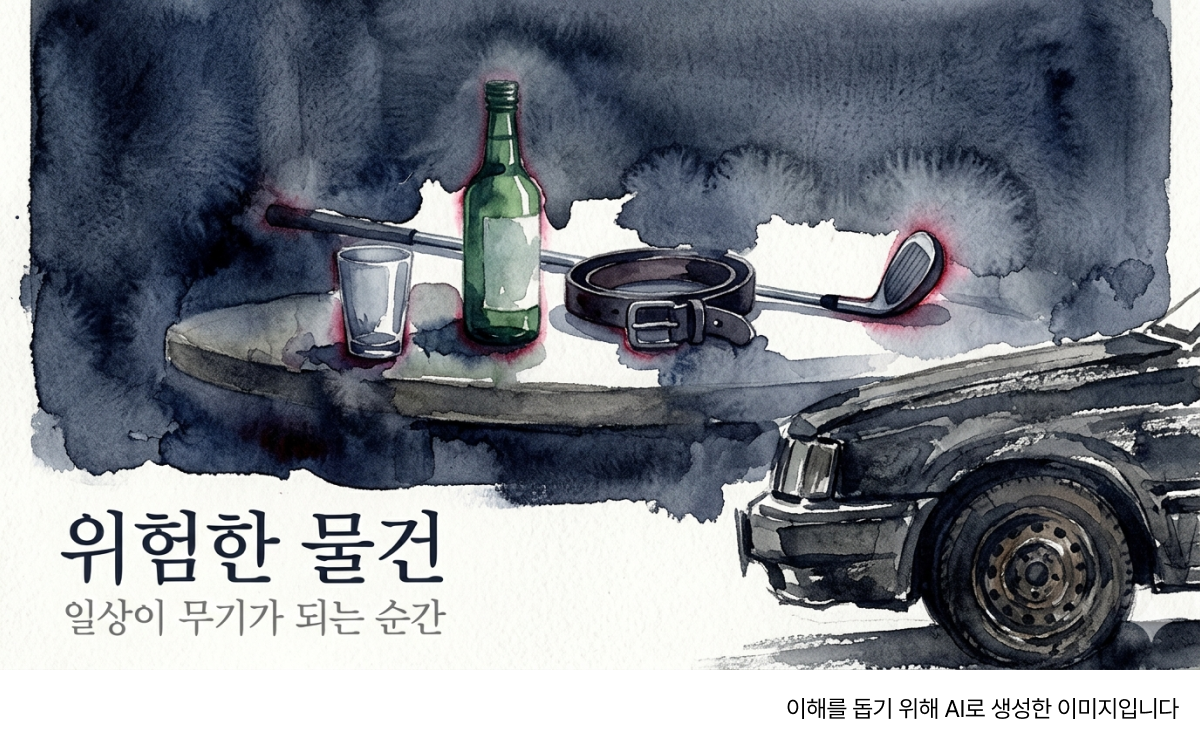 유리컵, 소주병, 벨트, 골프채, 자동차 등 일상 사물들이 어두운 배경 속에서 위험한 물건으로 묘사된 정물 일러스트