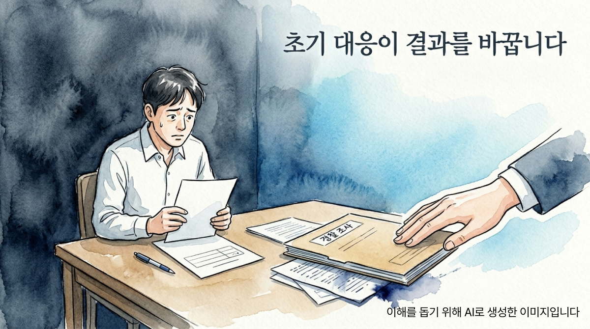 조사실에서 조서를 앞에 두고 망설이는 인물 옆으로 변호사의 손이 서류를 짚으며 개입하는 장면