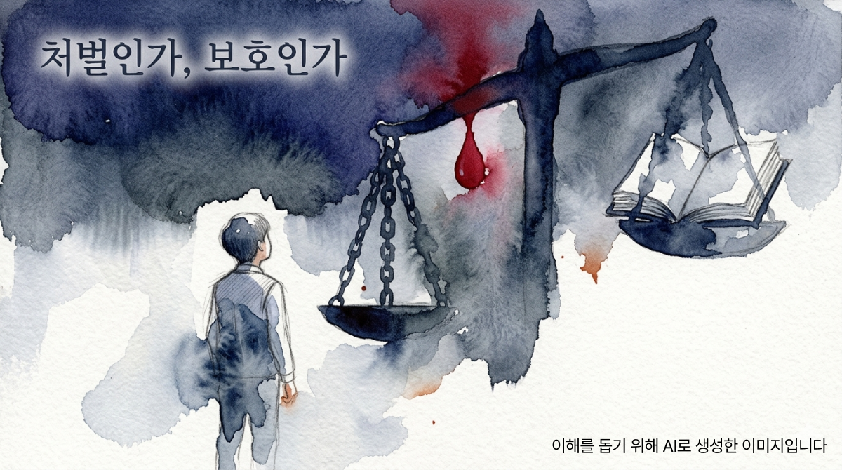 교복 차림의 소년이 쇠사슬과 책이 놓인 거대한 저울 앞에 서서 올려다보는 장면