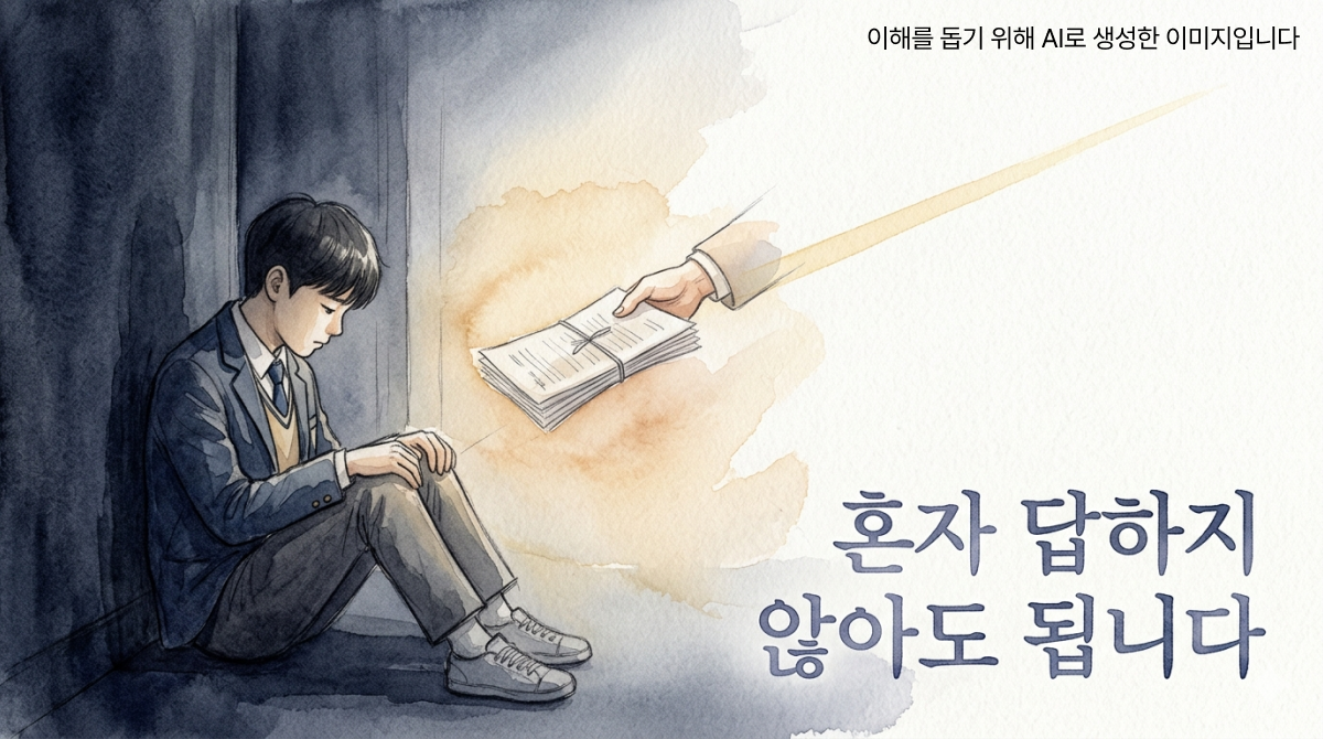 어두운 복도에 앉은 소년에게 누군가 서류를 건네며 빛이 비치는 장면