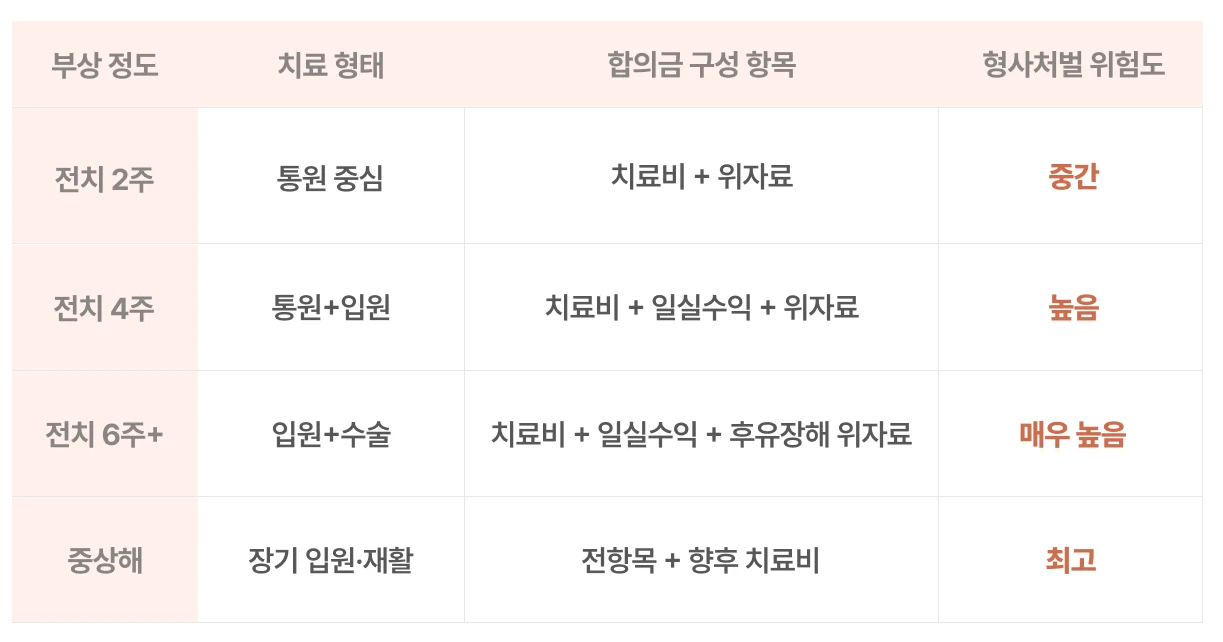 12대 중과실 부상 정도별 합의금 구성 항목 비교