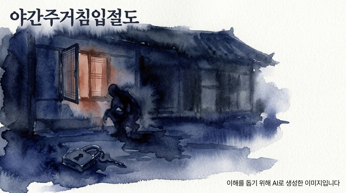 어두운 밤 반쯤 열린 창문 아래 웅크린 인물의 실루엣과 바닥에 놓인 자물쇠를 묘사한 수채화 일러스트레이션