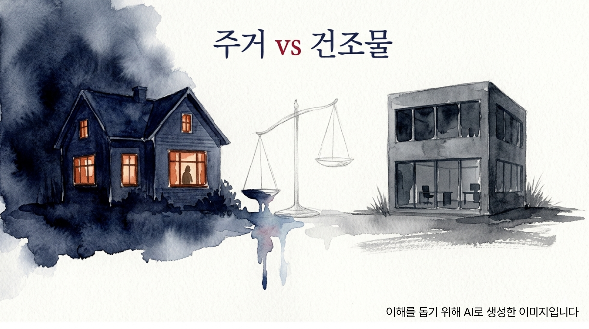 불 켜진 주택과 텅 빈 사무실 건물 사이에 기울어진 저울이 놓여 침입 장소에 따른 양형 차이를 표현한 일러스트레이션