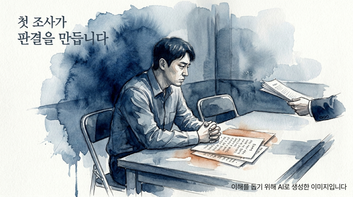 마약 사건 혐의를 받아 경찰 조사실에서 조서 앞에 홀로 앉아 긴장한 표정의 사람과 맞은편 수사관의 손, 옆의 빈 의자를 표현한 일러스트