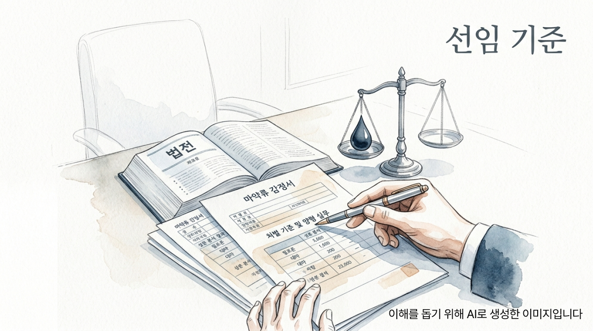 상담 탁자 위 법전과 서류, 양팔저울을 두고  마약전문변호사가 서류를 검토하는 모습이 담긴 일러스트