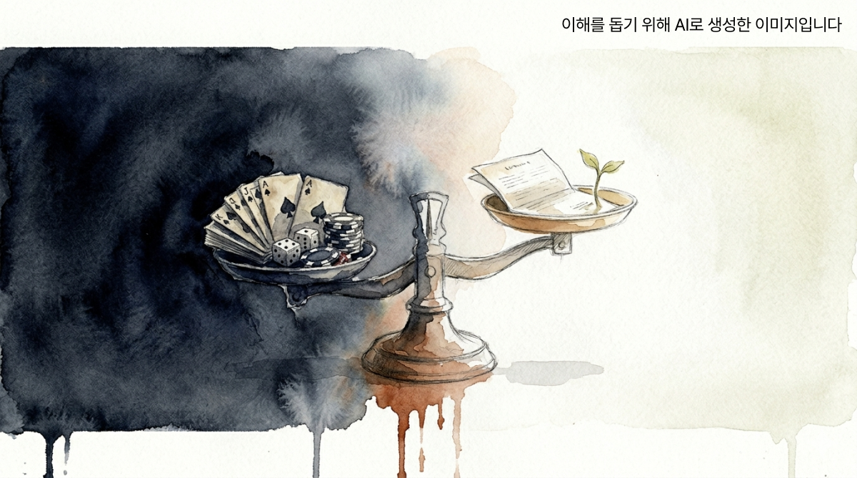 천칭 저울 위에 도박 칩과 서류가 놓인 양형 가중·감경 요소의 균형을 상징하는 일러스트