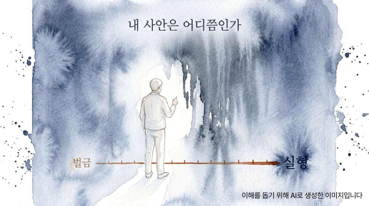 안개 속에서 벌금부터 실형까지 이어지는 눈금 앞에 서 있는 사람의 뒷모습 일러스트