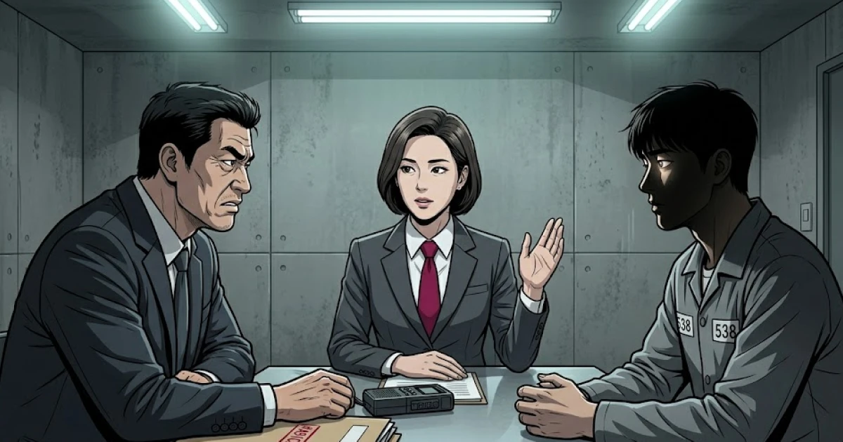 경찰 조사실에서 수사관과 마주앉은 피의자와 가운데에서 대답을 대신 해주는 변호사의 이미지