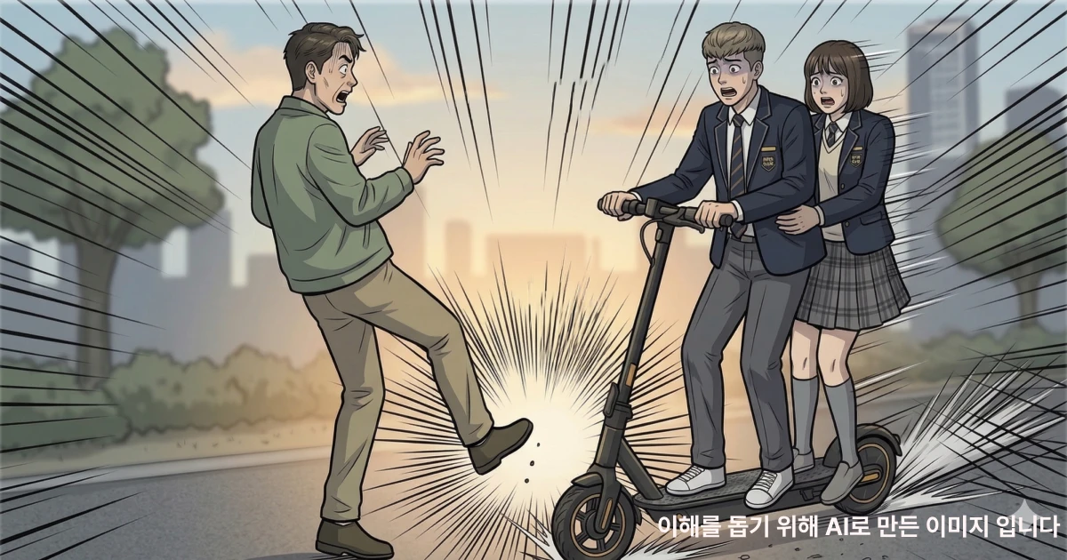 미성년자 학생둘이 전동킥보드를 타고 가다 행인과 부딪힐뻔한 장면