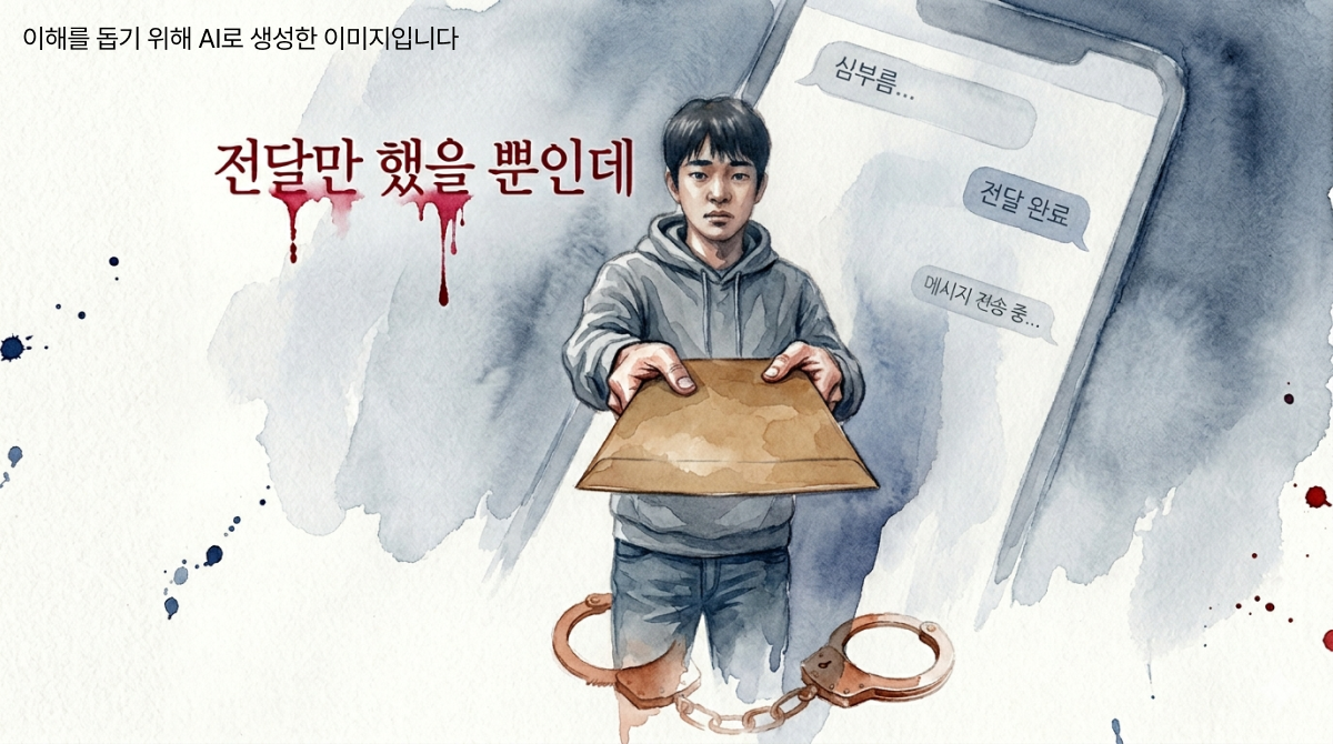 갈색 봉투를 내밀고 있는 인물의 손과 흐릿한 스마트폰 배경, 발아래 수갑이 놓인 수채화 일러스트