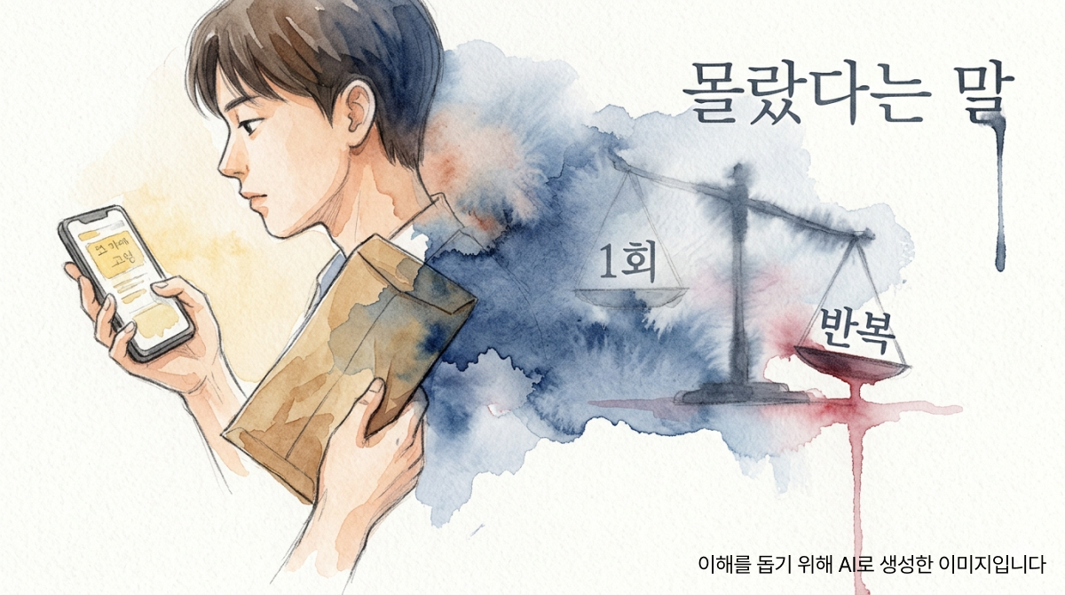 스마트폰과 갈색 봉투를 든 인물 옆으로 기울어진 천칭 저울이 흐릿하게 나타난 수채화 일러스트