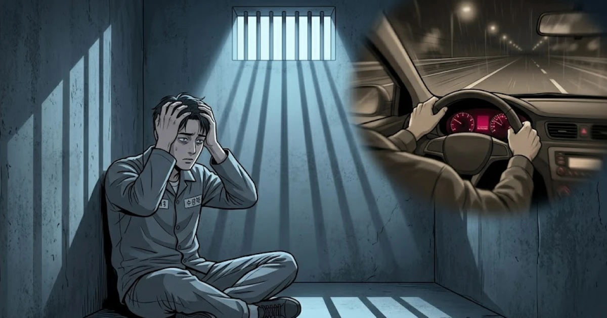 무면허운전사고로 감옥에서 후회하는 사람의 이미지