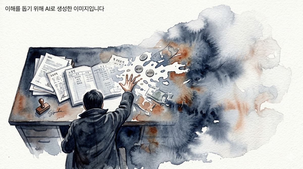 책상 위 서류와 돈이 오른쪽으로 갈수록 흐려지며 사라지고, 한 인물이 손을 뻗어 붙잡으려 하는 장면